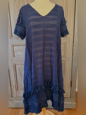 Ruby Yaya Navy Crochet Tassel V-Neck Dress large